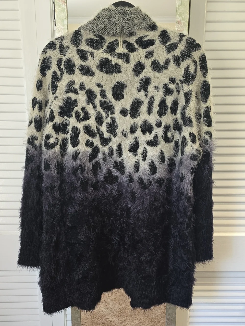 Women's Fuzzy Leopard Ombre Open Cardigan Sweater - Gray/Black - Picture 4 of 5